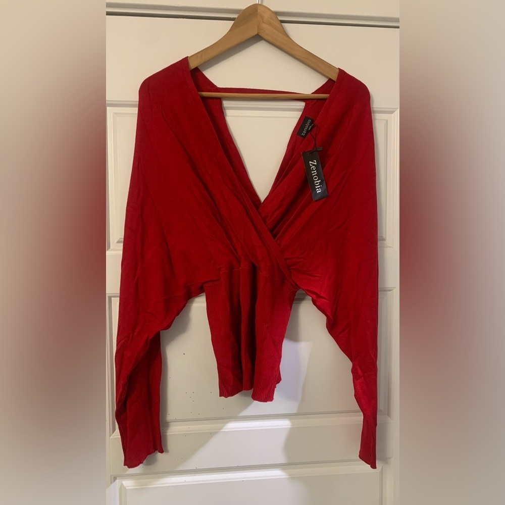 NWT ZENOBIA Red Ribbed Knit V-Neck Dolman Sleeve Top Sweater Plus 1XL 2XL 3XL‎